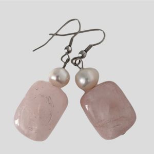 Vintage Hand Made Pink Quartz and Pearl Dangle Earrings